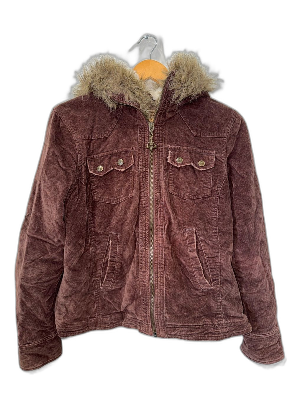 BB Dakota Brown Corduroy Coat Women’s XL Lined Jacket with Faux-Fur Hood !